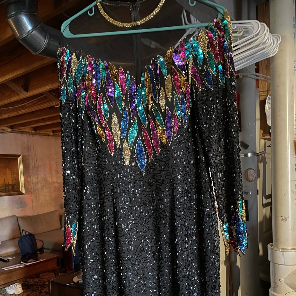 Vintage Niteline Beaded 100% Silk Party Dress Knee Length Size 8 Black